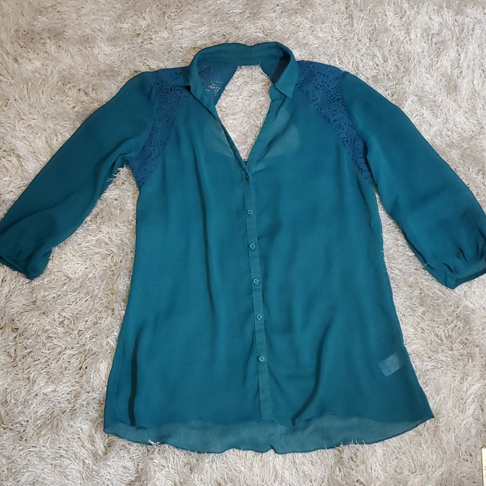 Sheer teal button up shirt